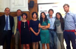 From left to right: Carenzo, Galliano, Tajani and the 5 leaders of the winning teams
